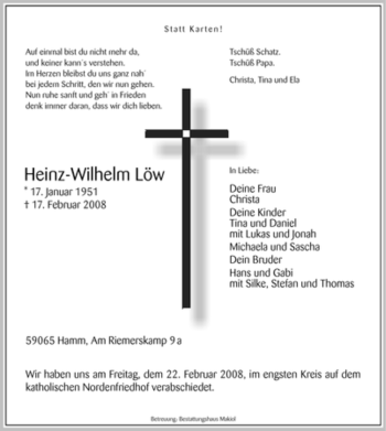 Traueranzeige von Heinz- Wilhelm Löw von WESTFÄLISCHER ANZEIGER