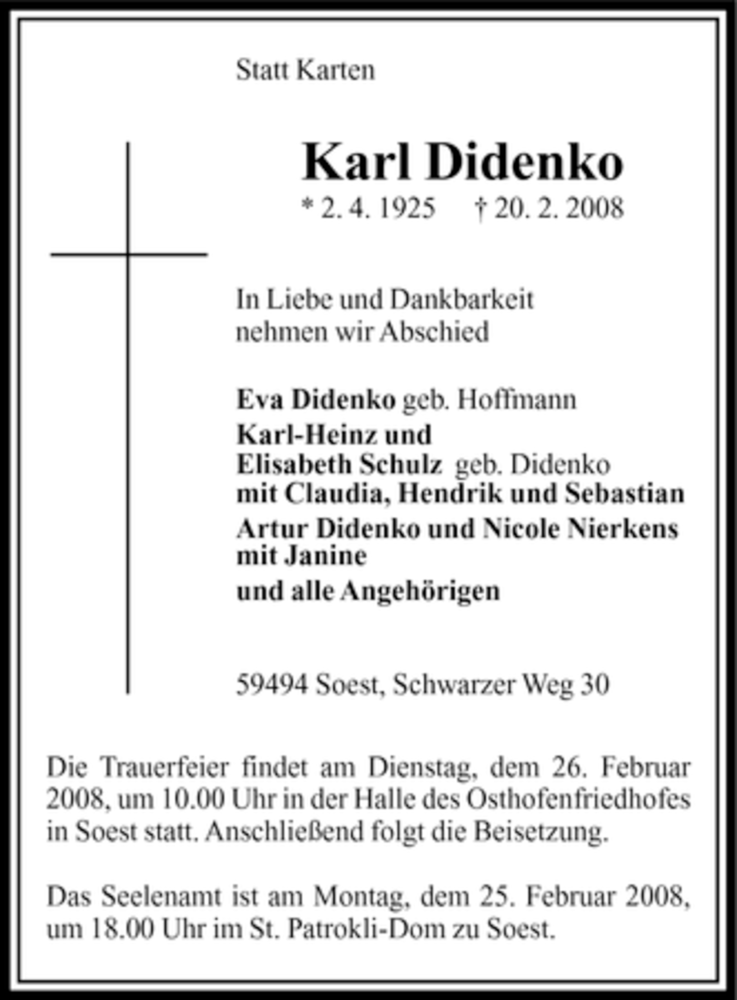  Traueranzeige für Karl Didenko vom 23.02.2008 aus WESTFÄLISCHER ANZEIGER