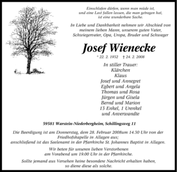 Traueranzeige von Josef Wienecke von WESTFÄLISCHER ANZEIGER