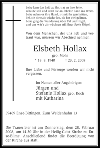 Traueranzeige von Elsbeth Hollax von WESTFÄLISCHER ANZEIGER