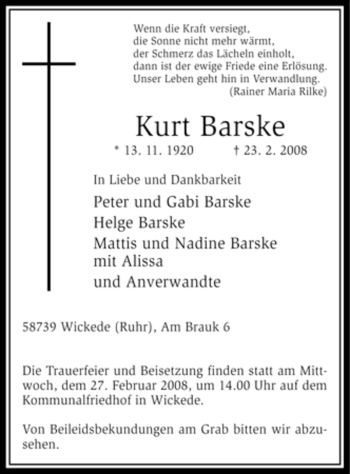 Traueranzeige von Kurt Barske von WESTFÄLISCHER ANZEIGER