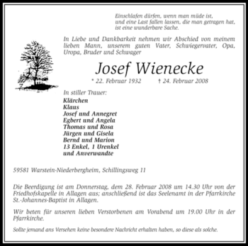 Traueranzeige von Josef Wienecke von WESTFÄLISCHER ANZEIGER