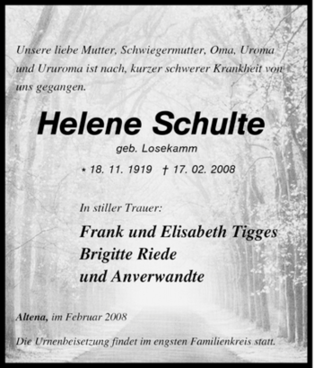 Traueranzeige von Helene Schulte von WESTFÄLISCHER ANZEIGER