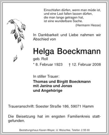 Traueranzeige von Helga Boeckmann von WESTFÄLISCHER ANZEIGER