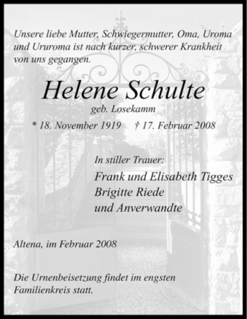 Traueranzeige von Helene Schulte von WESTFÄLISCHER ANZEIGER
