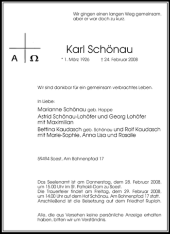 Traueranzeige von Karl Schönau von WESTFÄLISCHER ANZEIGER