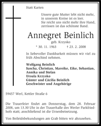 Traueranzeige von Annegret Beinlich von WESTFÄLISCHER ANZEIGER