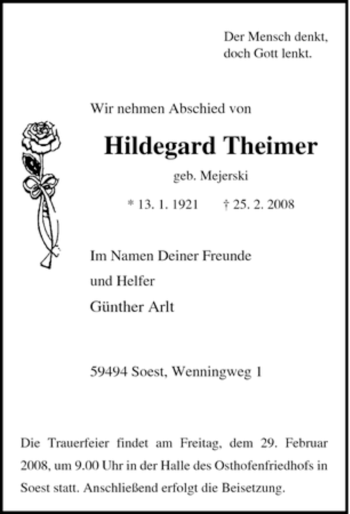 Traueranzeige von Hildegard Theimer von WESTFÄLISCHER ANZEIGER