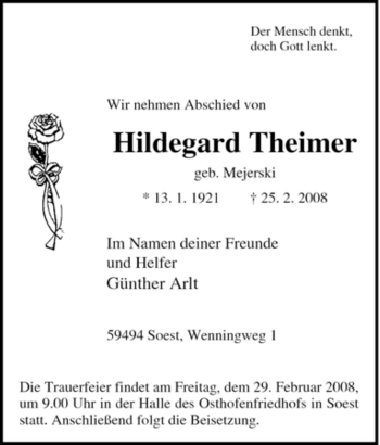 Traueranzeige von Hildegard Theimer von WESTFÄLISCHER ANZEIGER