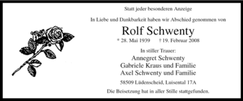 Traueranzeige von Rolf Schwenty von WESTFÄLISCHER ANZEIGER