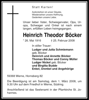 Traueranzeige von Heinrich Theodor Böcker von WESTFÄLISCHER ANZEIGER