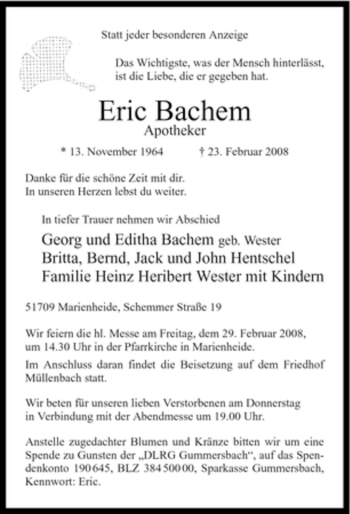 Traueranzeige von Eric Bachem von WESTFÄLISCHER ANZEIGER