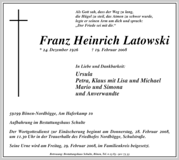 Traueranzeige von Franz Heinrich Latowski von WESTFÄLISCHER ANZEIGER