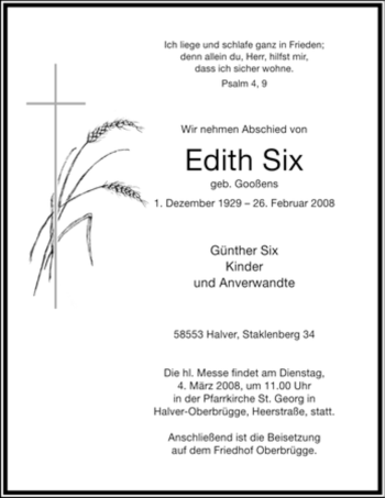 Traueranzeige von Edith Six von WESTFÄLISCHER ANZEIGER