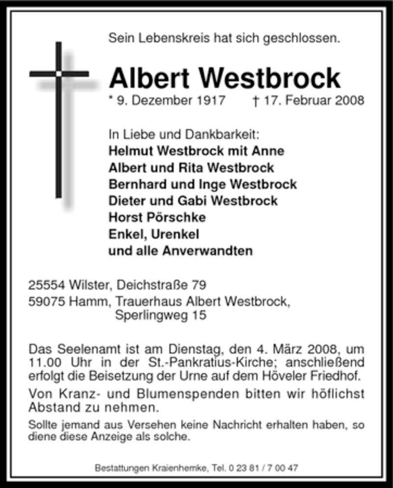  Traueranzeige für Albert Westbrock vom 01.03.2008 aus WESTFÄLISCHER ANZEIGER