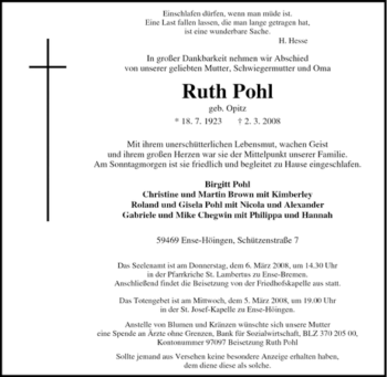 Traueranzeige von Ruth Pohl von WESTFÄLISCHER ANZEIGER