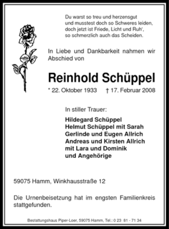 Traueranzeige von Reinhold Schüppel von WESTFÄLISCHER ANZEIGER