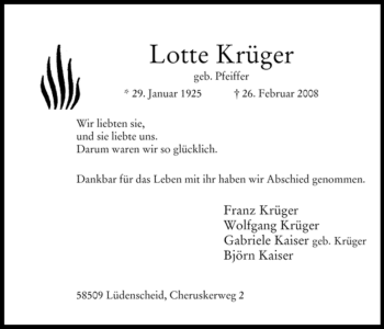 Traueranzeige von Lotte Krüger von WESTFÄLISCHER ANZEIGER