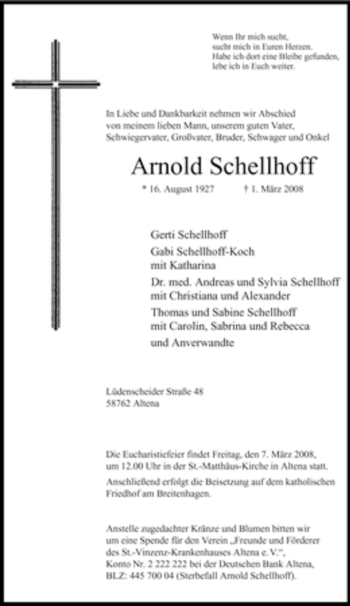 Traueranzeige von Arnold Schellhoff von WESTFÄLISCHER ANZEIGER
