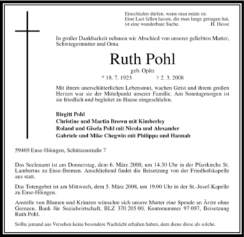 Traueranzeige von Ruth Pohl von WESTFÄLISCHER ANZEIGER