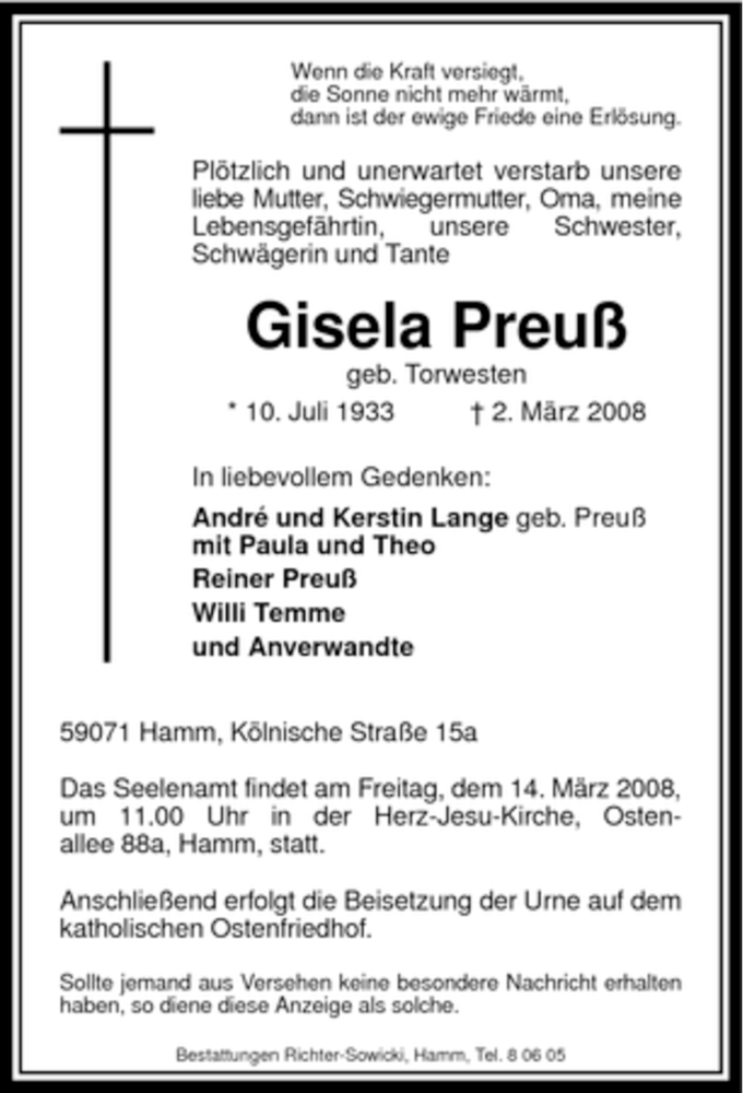  Traueranzeige für Gisela Preuß vom 08.03.2008 aus WESTFÄLISCHER ANZEIGER