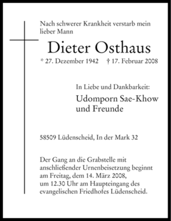 Traueranzeige von Dieter Osthaus von WESTFÄLISCHER ANZEIGER