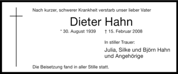 Traueranzeige von Dieter Hahn von WESTFÄLISCHER ANZEIGER