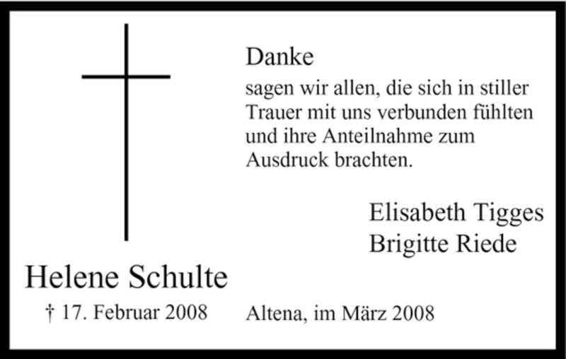  Traueranzeige für Helene Schulte vom 18.03.2008 aus WESTFÄLISCHER ANZEIGER