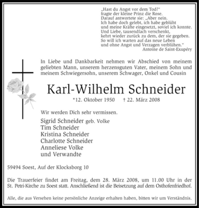  Traueranzeige für Karl-Wilhelm Schneider vom 26.03.2008 aus WESTFÄLISCHER ANZEIGER