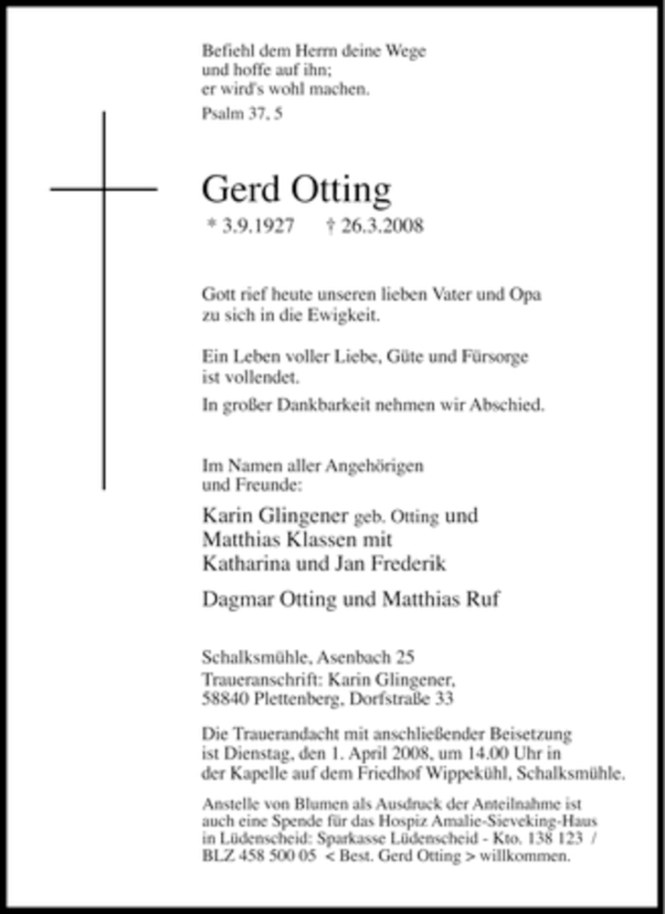  Traueranzeige für Gerd Otting vom 28.03.2008 aus WESTFÄLISCHER ANZEIGER