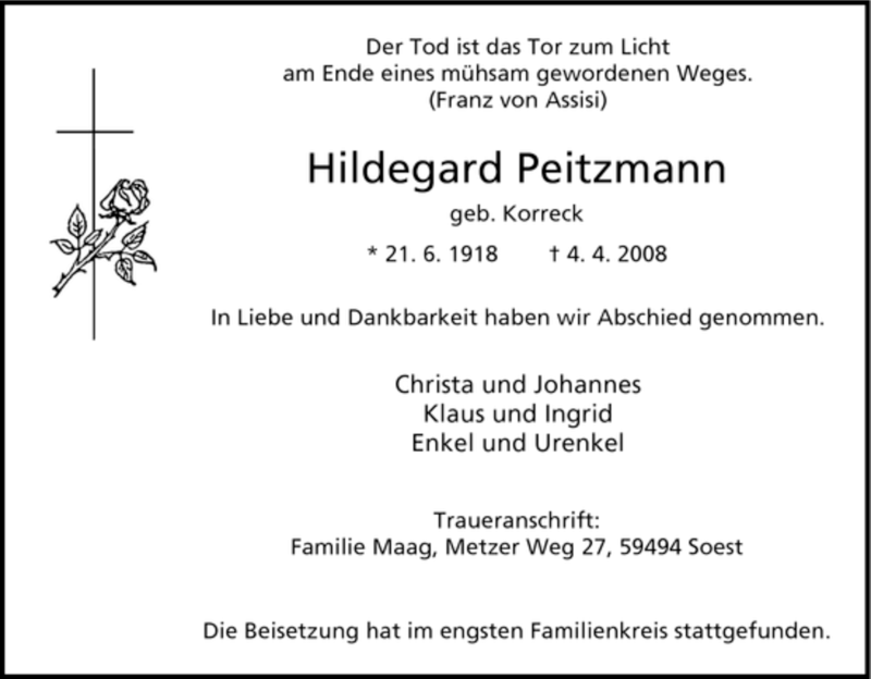  Traueranzeige für Hildegard Peitzmann vom 09.04.2008 aus WESTFÄLISCHER ANZEIGER