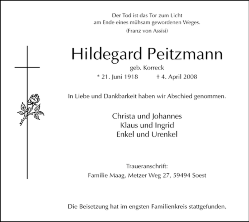  Traueranzeige für Hildegard Peitzmann vom 09.04.2008 aus WESTFÄLISCHER ANZEIGER