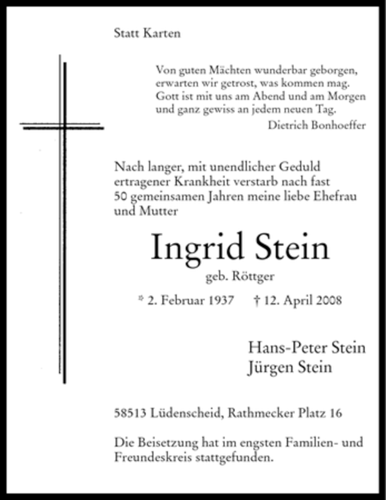  Traueranzeige für Ingrid Stein vom 18.04.2008 aus WESTFÄLISCHER ANZEIGER