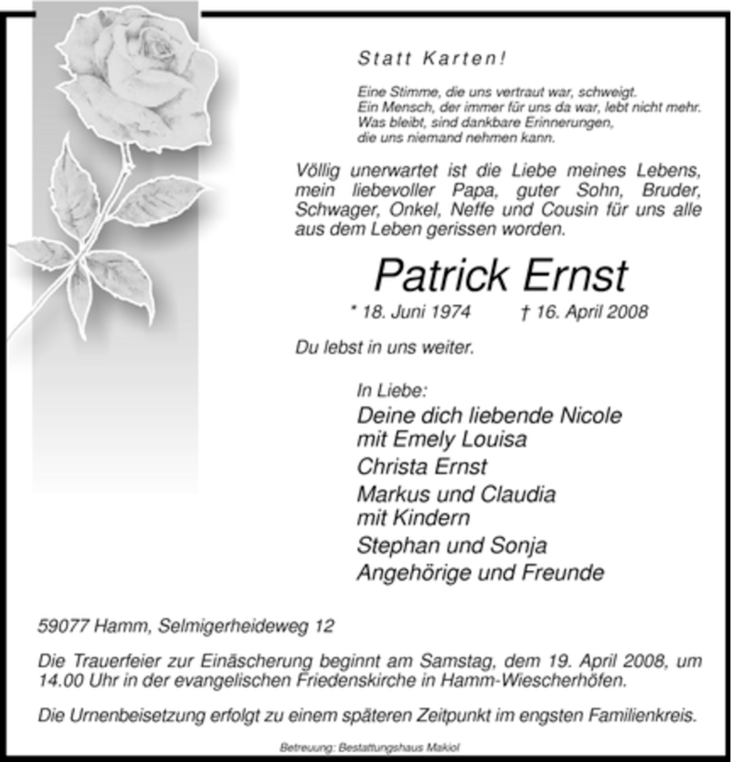 Traueranzeige für Patrick Ernst vom 18.04.2008 aus WESTFÄLISCHER ANZEIGER