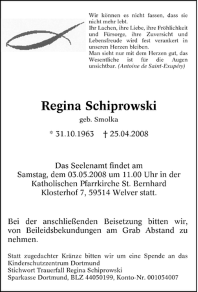  Traueranzeige für Regina Schiprowski vom 30.04.2008 aus WESTFÄLISCHER ANZEIGER