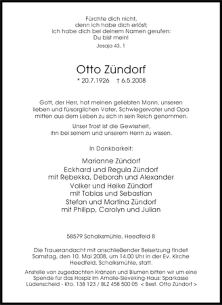  Traueranzeige für Otto Zündorf vom 08.05.2008 aus WESTFÄLISCHER ANZEIGER