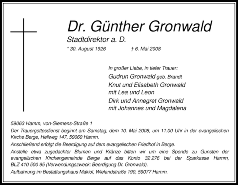  Traueranzeige für Günther Gronwald vom 09.05.2008 aus WESTFÄLISCHER ANZEIGER