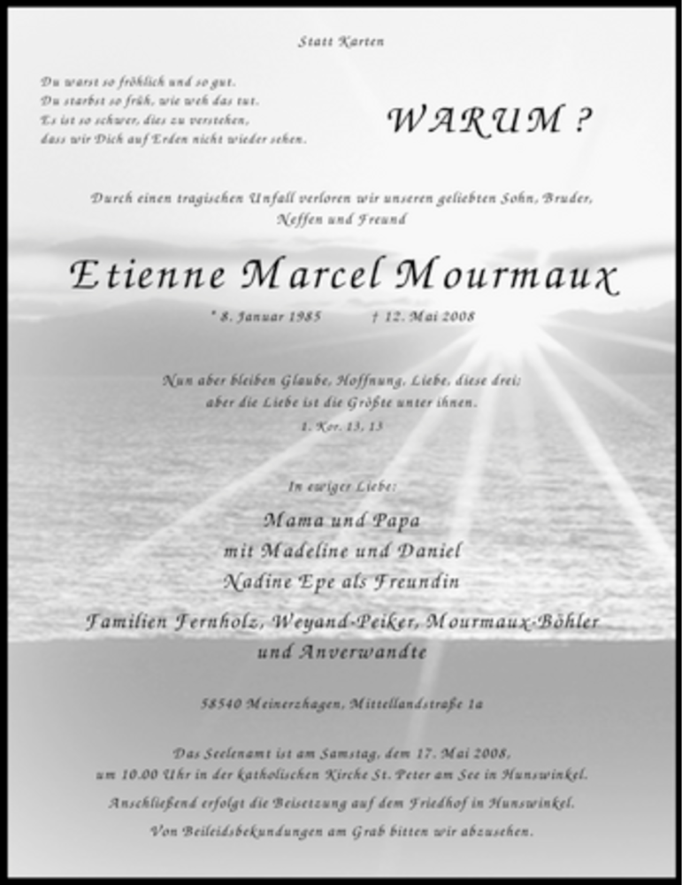  Traueranzeige für Etienne Marcel Mourmaux vom 15.05.2008 aus WESTFÄLISCHER ANZEIGER