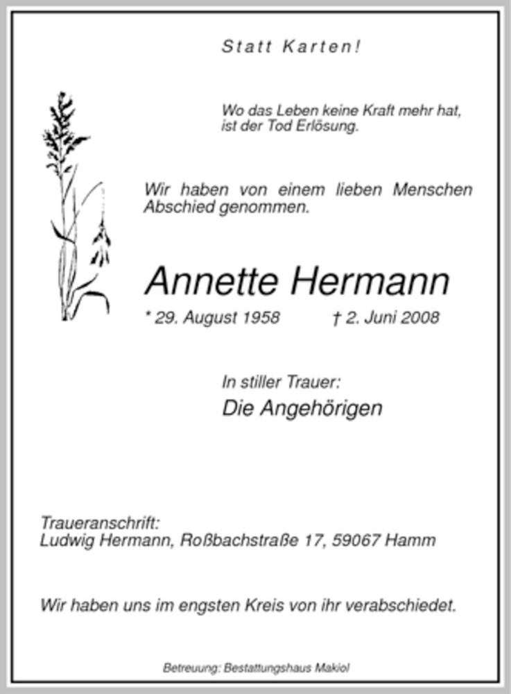 Traueranzeige für Annette Hermann vom 09.06.2008 aus WESTFÄLISCHER ANZEIGER
