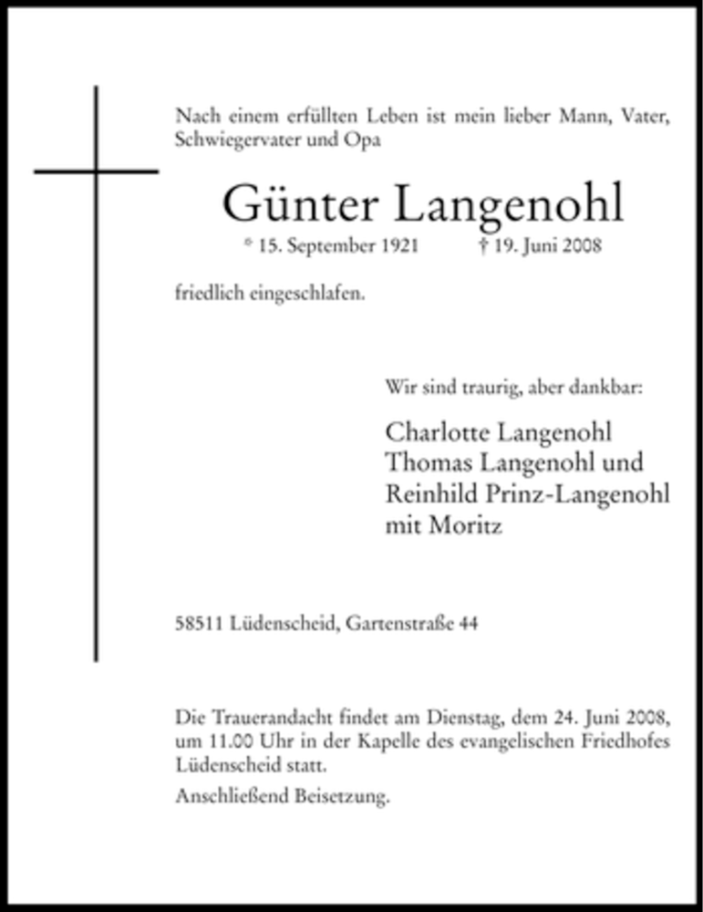  Traueranzeige für Günter Langenohl vom 21.06.2008 aus WESTFÄLISCHER ANZEIGER