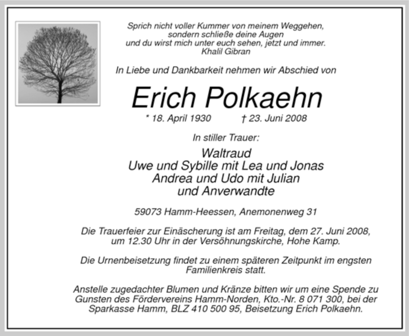  Traueranzeige für Erich Polkaehn vom 25.06.2008 aus WESTFÄLISCHER ANZEIGER