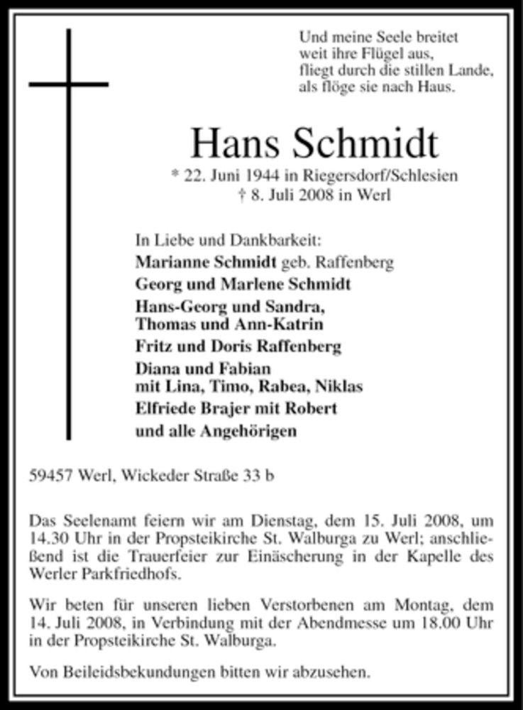  Traueranzeige für Hans Schmidt vom 11.07.2008 aus WESTFÄLISCHER ANZEIGER