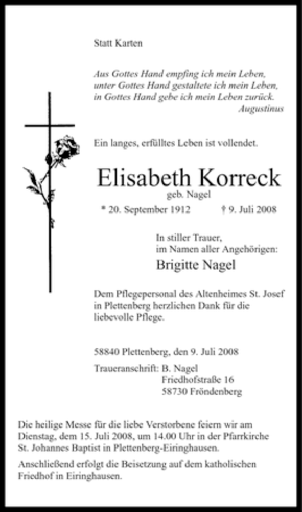  Traueranzeige für Elisabeth Korreck vom 12.07.2008 aus WESTFÄLISCHER ANZEIGER