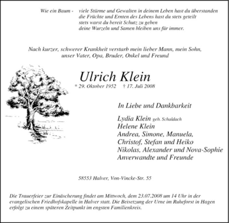  Traueranzeige für Ulrich Klein vom 19.07.2008 aus WESTFÄLISCHER ANZEIGER