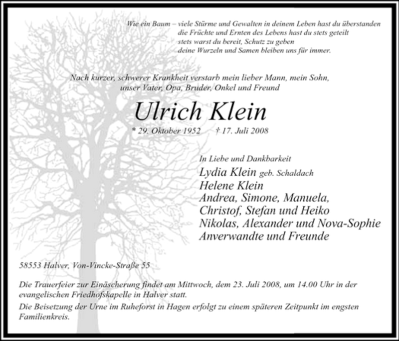  Traueranzeige für Ulrich Klein vom 19.07.2008 aus WESTFÄLISCHER ANZEIGER