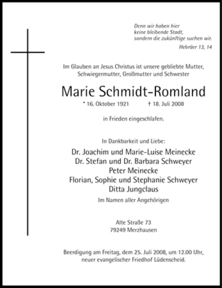  Traueranzeige für Marie Schmidt-Romland vom 22.07.2008 aus WESTFÄLISCHER ANZEIGER