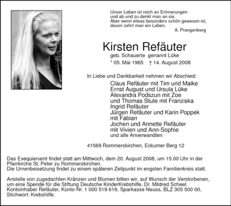  Traueranzeige für Kirsten Refäuter vom 18.08.2008 aus WESTFÄLISCHER ANZEIGER