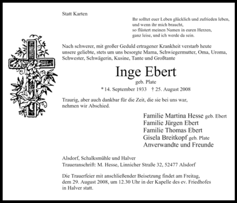  Traueranzeige für Inge Ebert vom 27.08.2008 aus WESTFÄLISCHER ANZEIGER