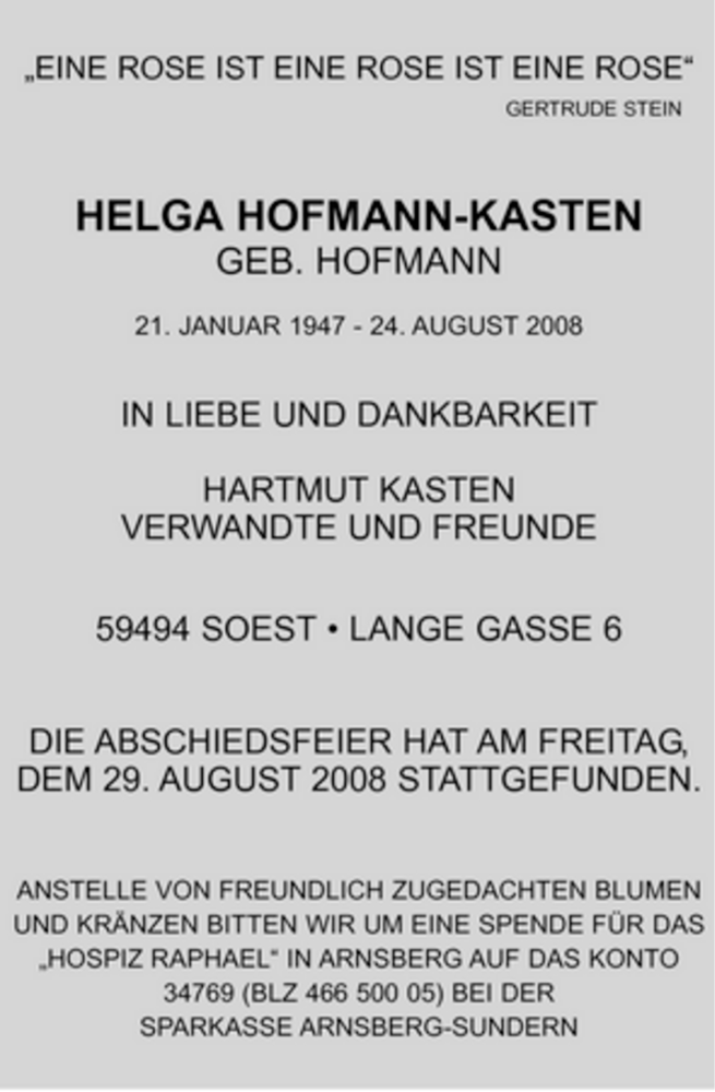  Traueranzeige für Helga Hofmann-Kasten vom 30.08.2008 aus WESTFÄLISCHER ANZEIGER