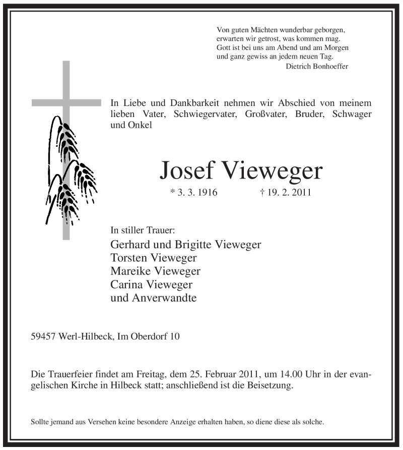  Traueranzeige für Josef Vieweger vom 22.02.2011 aus WESTFÄLISCHER ANZEIGER